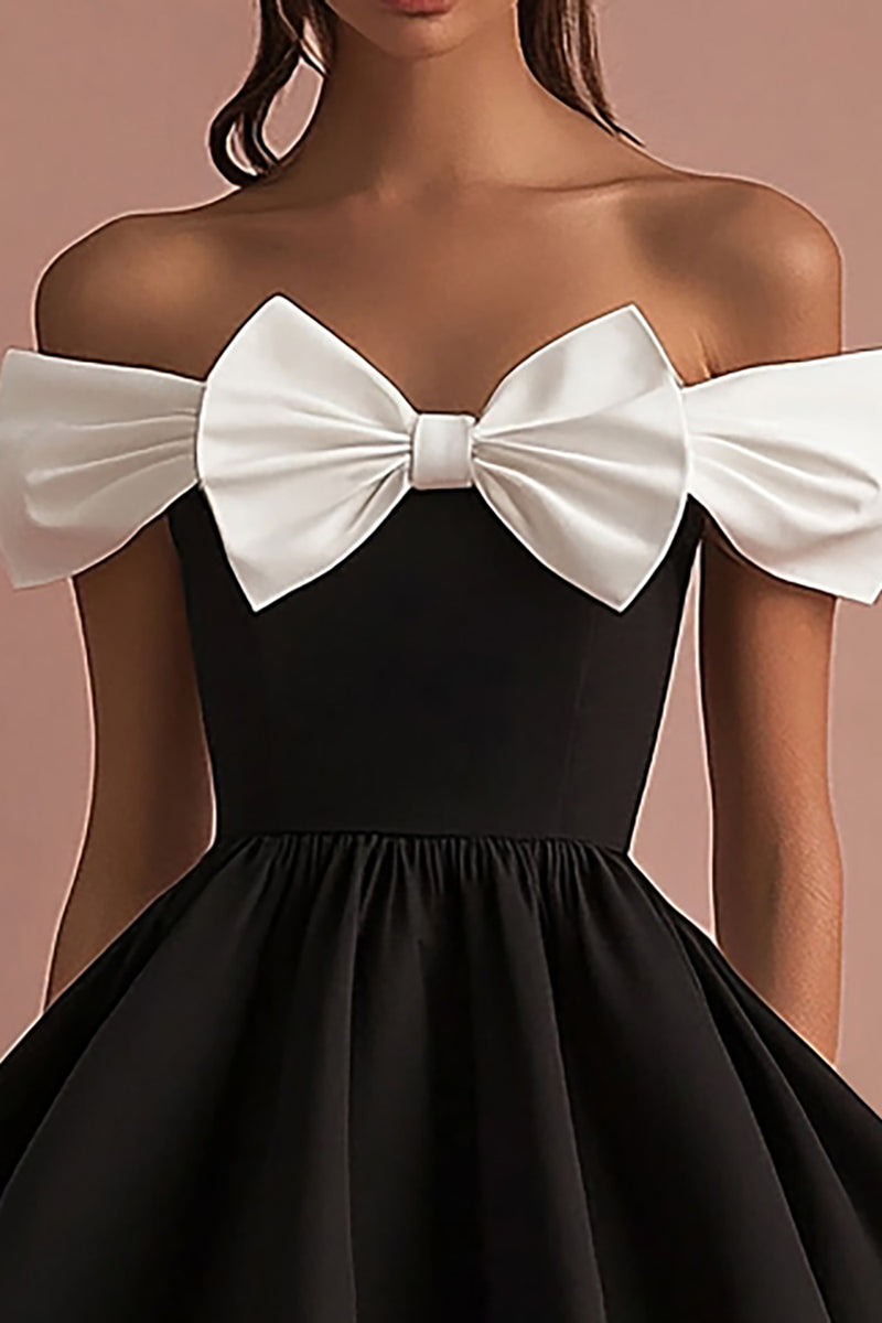 Queendancer Women Black and White Satin Short Cocktail Dress with Bow