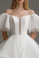 Load image into Gallery viewer, White Organza Off The Shoulder Short A Line Graduation Dress