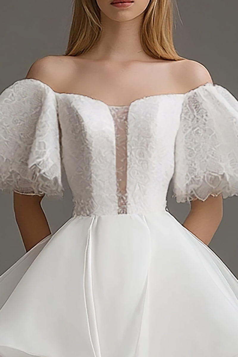 Load image into Gallery viewer, White Organza Off The Shoulder Short A Line Graduation Dress