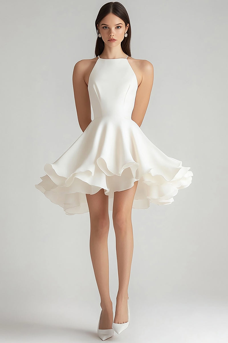 Load image into Gallery viewer, Ivory Chiffon Short A Line Graduation Dress with Ruffles