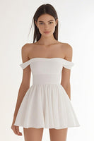 Load image into Gallery viewer, Ivory Chiffon Off The Shoulder Short A Line Graduation Dress