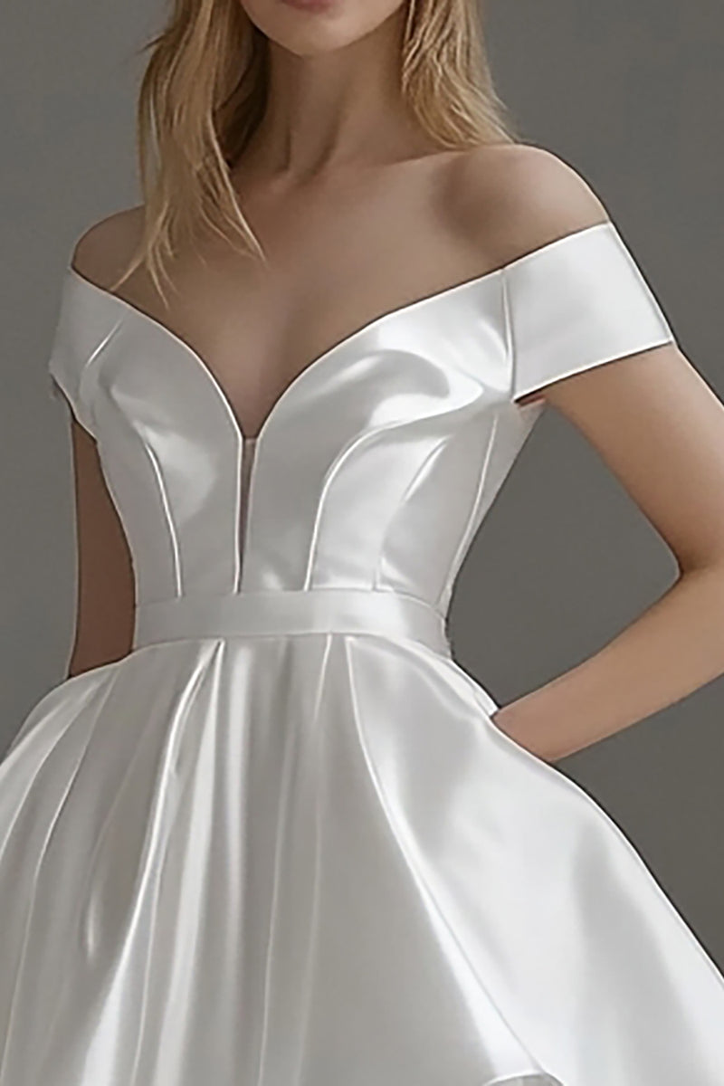 Load image into Gallery viewer, White Satin Short Off The Shoulder A Line Graduation Dress