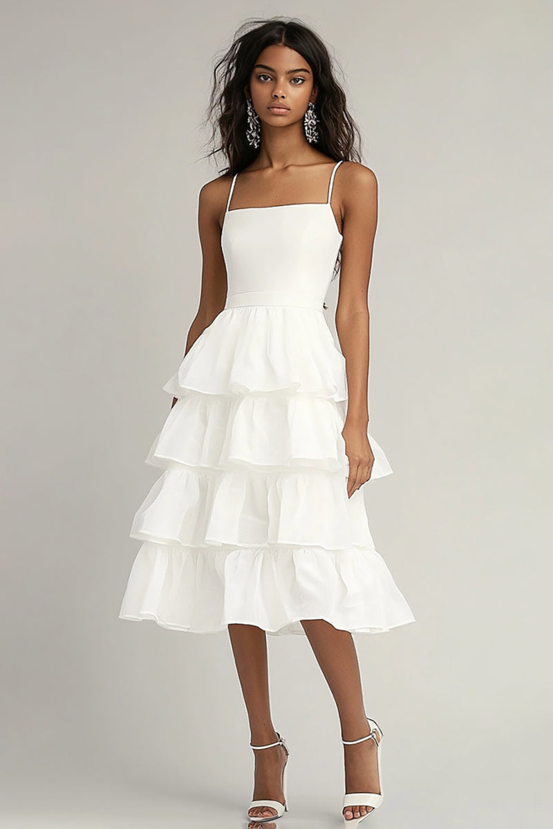 Load image into Gallery viewer, Ivory Spaghetti Straps A Line Midi Graduation Dress with Ruffles
