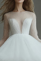 Load image into Gallery viewer, White Tulle A Line Illusion Neck Long Sleeves Short Bridal Shower Dress