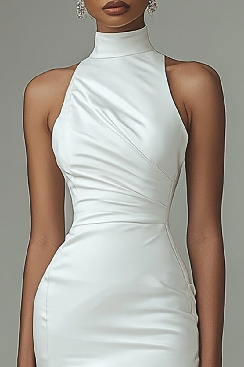 Load image into Gallery viewer, White Satin Asymmetrical High Neck Bodycon Graduation Dress