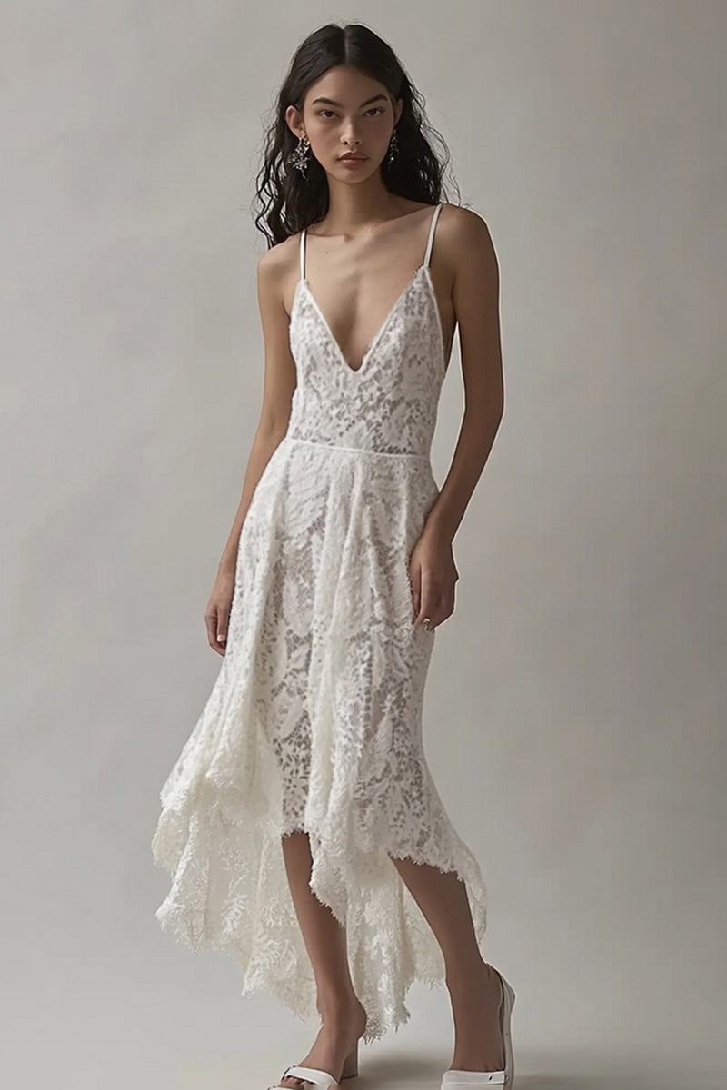 Load image into Gallery viewer, Ivory Lace V Neck High-Low Engagement Dress