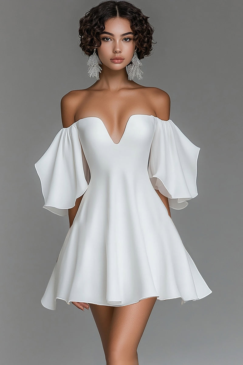 Load image into Gallery viewer, White Chiffon Short A Line Off the Shoulder Graduation Dress