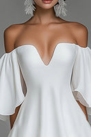 Load image into Gallery viewer, White Chiffon Short A Line Off the Shoulder Graduation Dress