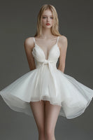 Load image into Gallery viewer, Ivory Organza V Neck Short A Line Graduation Dress