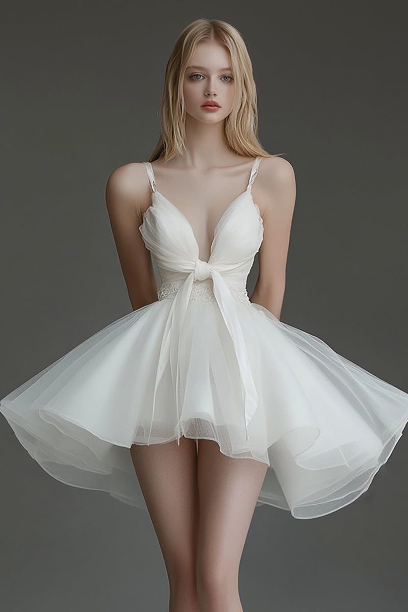 Load image into Gallery viewer, Ivory Organza V Neck Short A Line Graduation Dress