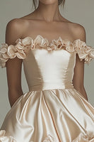 Load image into Gallery viewer, Champagne Off the Shoulder Satin Short Graduation Dress with Ruffles