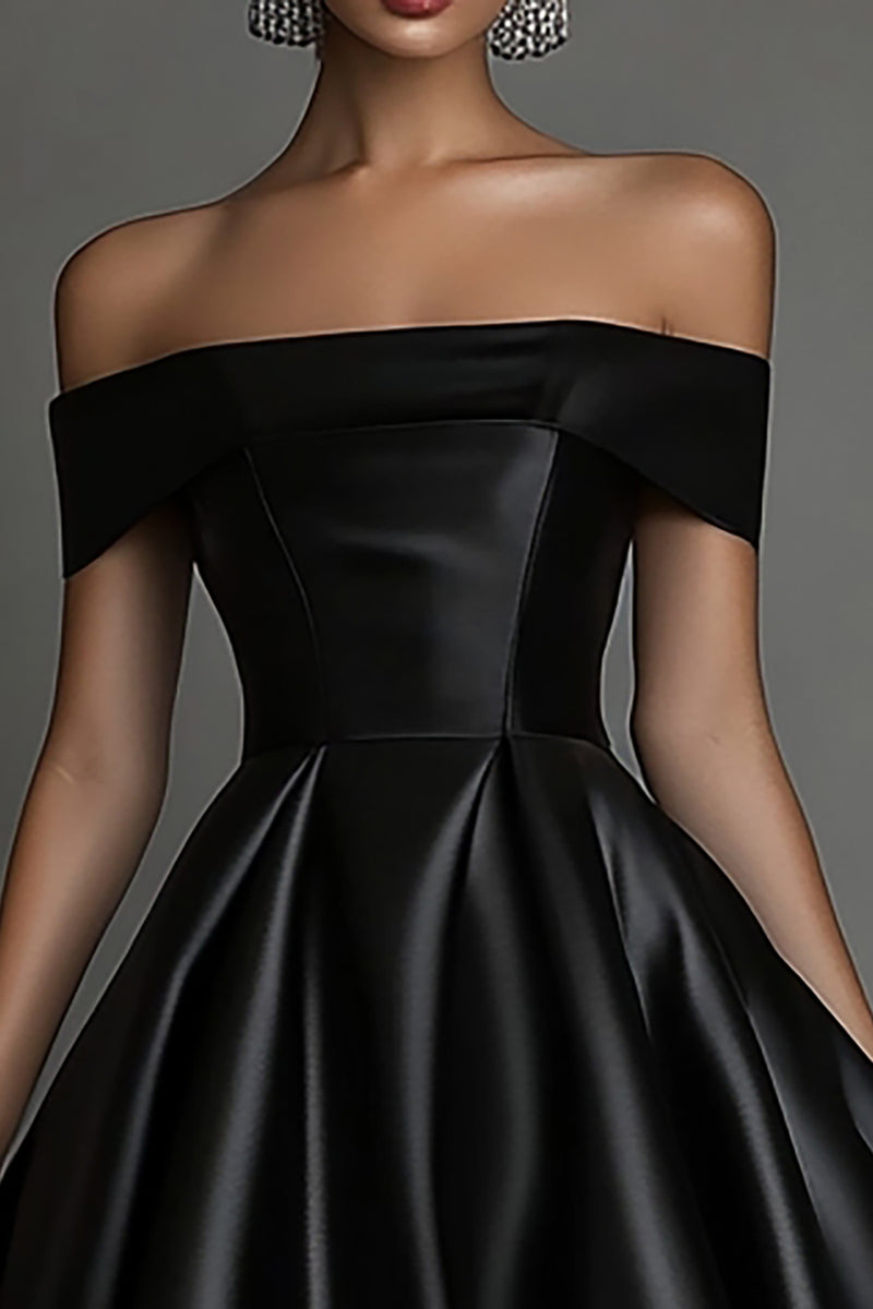 Queendancer Women Black Satin Long Formal Dress Off The Shoulder A Line