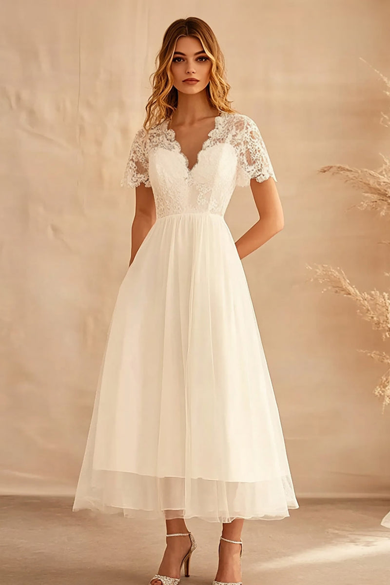 Load image into Gallery viewer, Ivory Chiffon V Neck Long A Line Engagement Dress with Lace