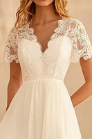 Load image into Gallery viewer, Ivory Chiffon V Neck Long A Line Engagement Dress with Lace