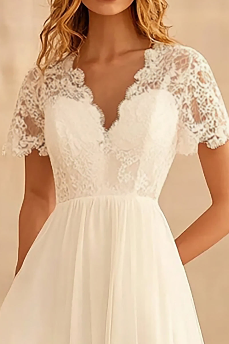 Load image into Gallery viewer, Ivory Chiffon V Neck Long A Line Engagement Dress with Lace