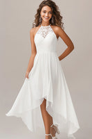 Load image into Gallery viewer, White Chiffon Asymmetrical A Line Engagement Dress with Lace
