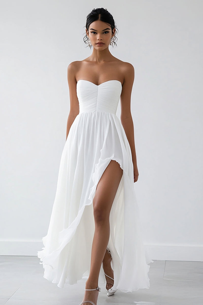 Load image into Gallery viewer, White Chiffon Sweetheart Long A Line Engagement Dress with Slit