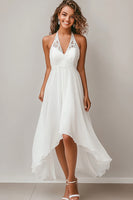 Load image into Gallery viewer, White Chiffon Halter A Line Engagement Dress with Lace