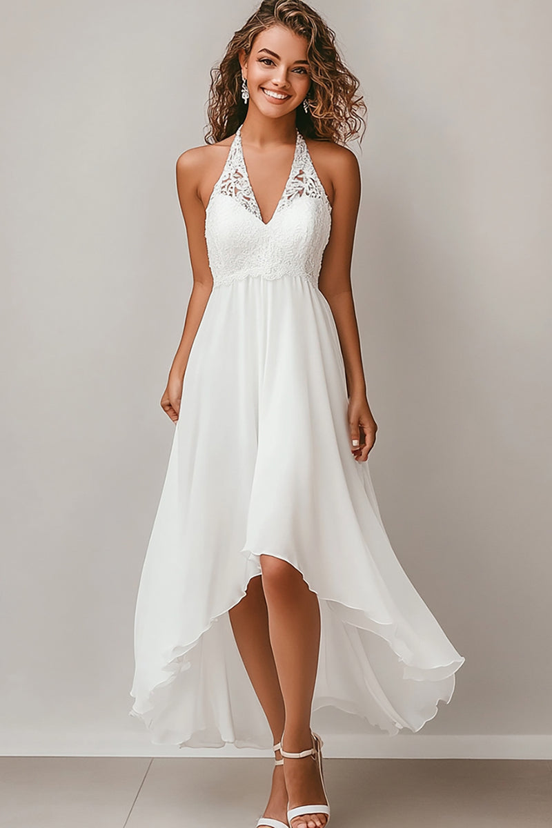 Queendancer Women White Chiffon Asymmetrical Engagement Dress with Lace Halter Neck A Line Rehearsal Dinner Dress – queendancer