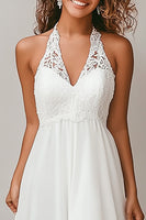 Load image into Gallery viewer, White Chiffon Halter A Line Engagement Dress with Lace