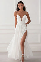 Load image into Gallery viewer, White Chiffon V Neck Long A Line Engagement Dress with Slit