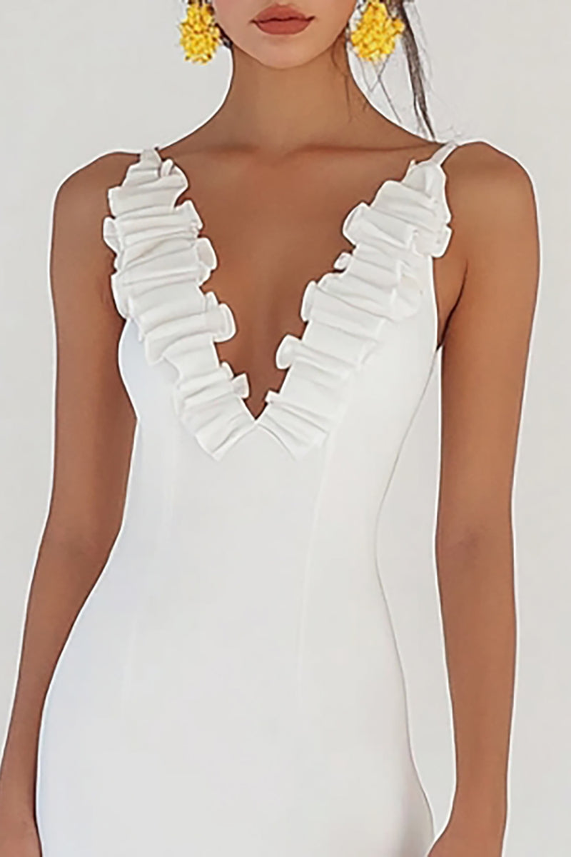 Load image into Gallery viewer, White Satin V Neck Short Bodycon Graduation Dress with Ruffles