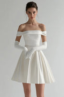 Load image into Gallery viewer, White Satin Off The Shoulder Short A Line Graduation Dress