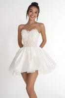 Load image into Gallery viewer, White Chiffon Strapless Short A Line Graduation Dress with Lace