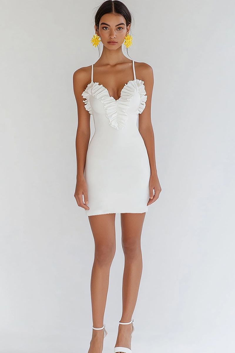 Load image into Gallery viewer, White Mini Bodycon Graduation Dress with Ruffles