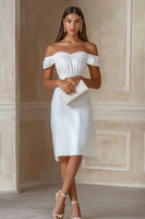Load image into Gallery viewer, White Satin Off The Shoulder Midi A Line Graduation Dress