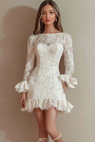 Load image into Gallery viewer, Ivory Lace Bateau Short Bodycon Graduation Dress with Ruffles
