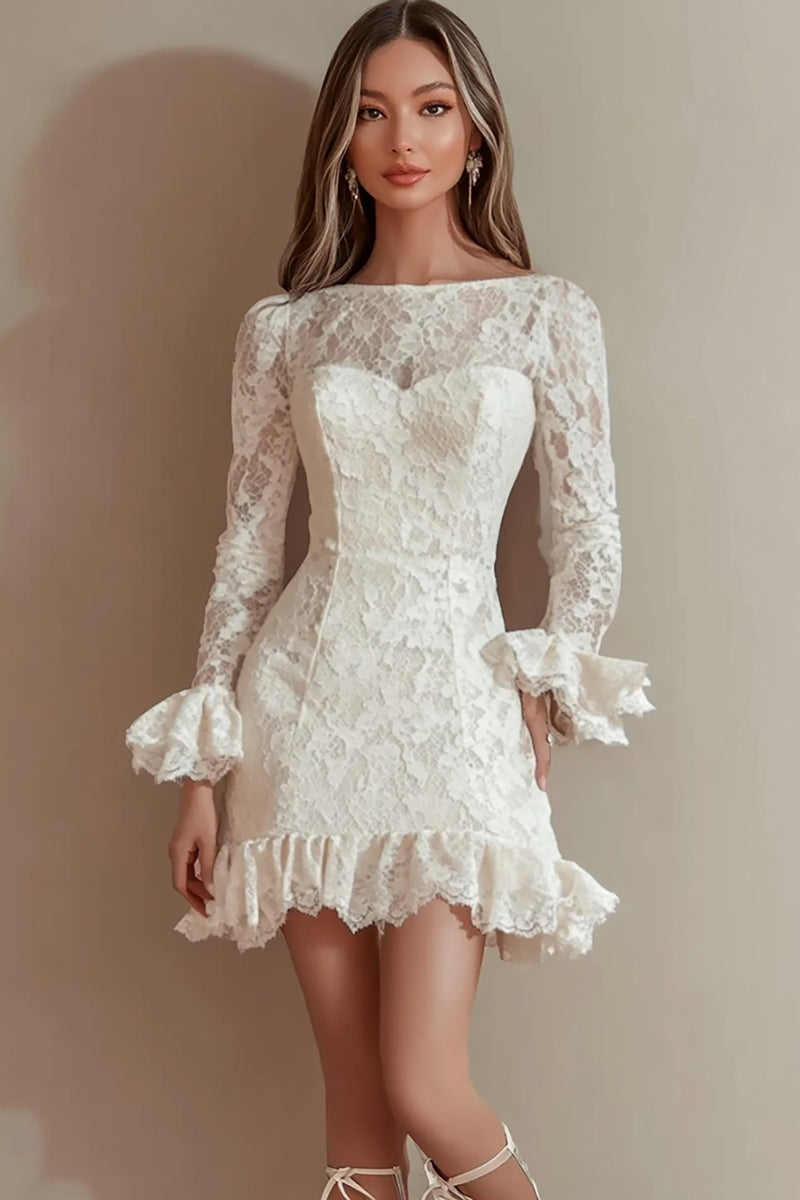 Load image into Gallery viewer, Ivory Lace Bateau Short Bodycon Graduation Dress with Ruffles