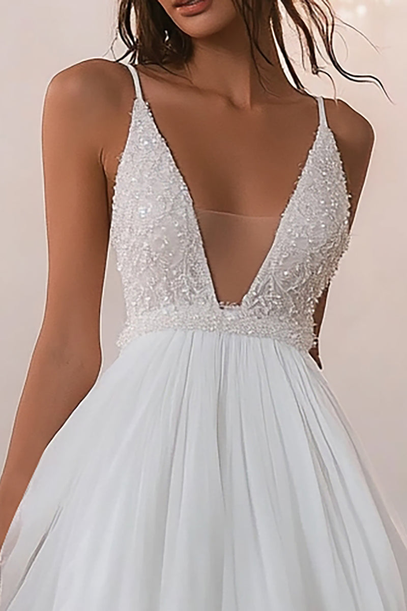 Load image into Gallery viewer, Tulle White V Neck Short A Line Graduation Dress with Lace