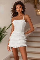 Load image into Gallery viewer, White Spaghetti Straps Mini Bodycon Graduation Dress with Ruffles
