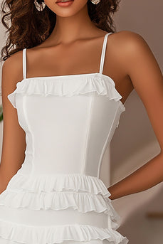 White Spaghetti Straps Mini Bodycon Graduation Dress with Ruffles