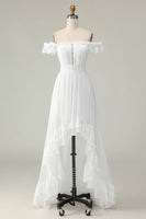 Load image into Gallery viewer, White A Line Chiffon Off the Shoulder Asymmetrical Bridal Shower Dress with Ruffles
