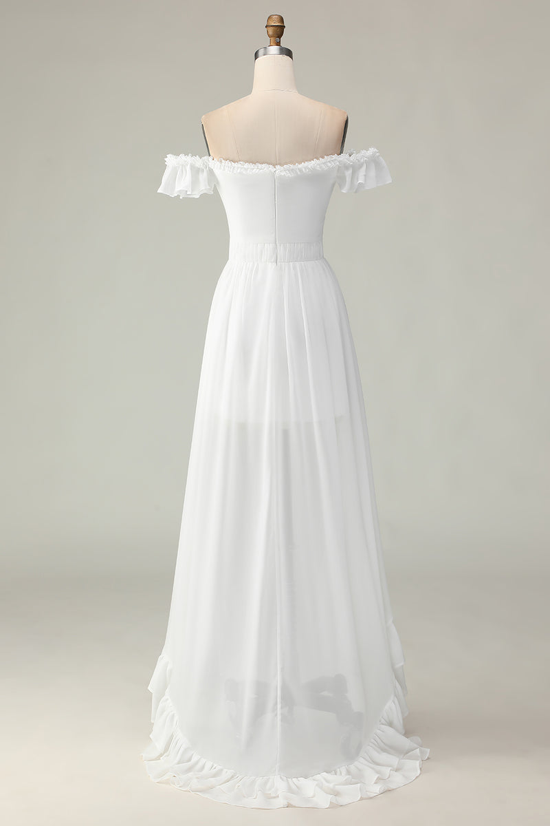 Load image into Gallery viewer, White Chiffon Off the Shoulder Asymmetrical Engagement Dress with Ruffles