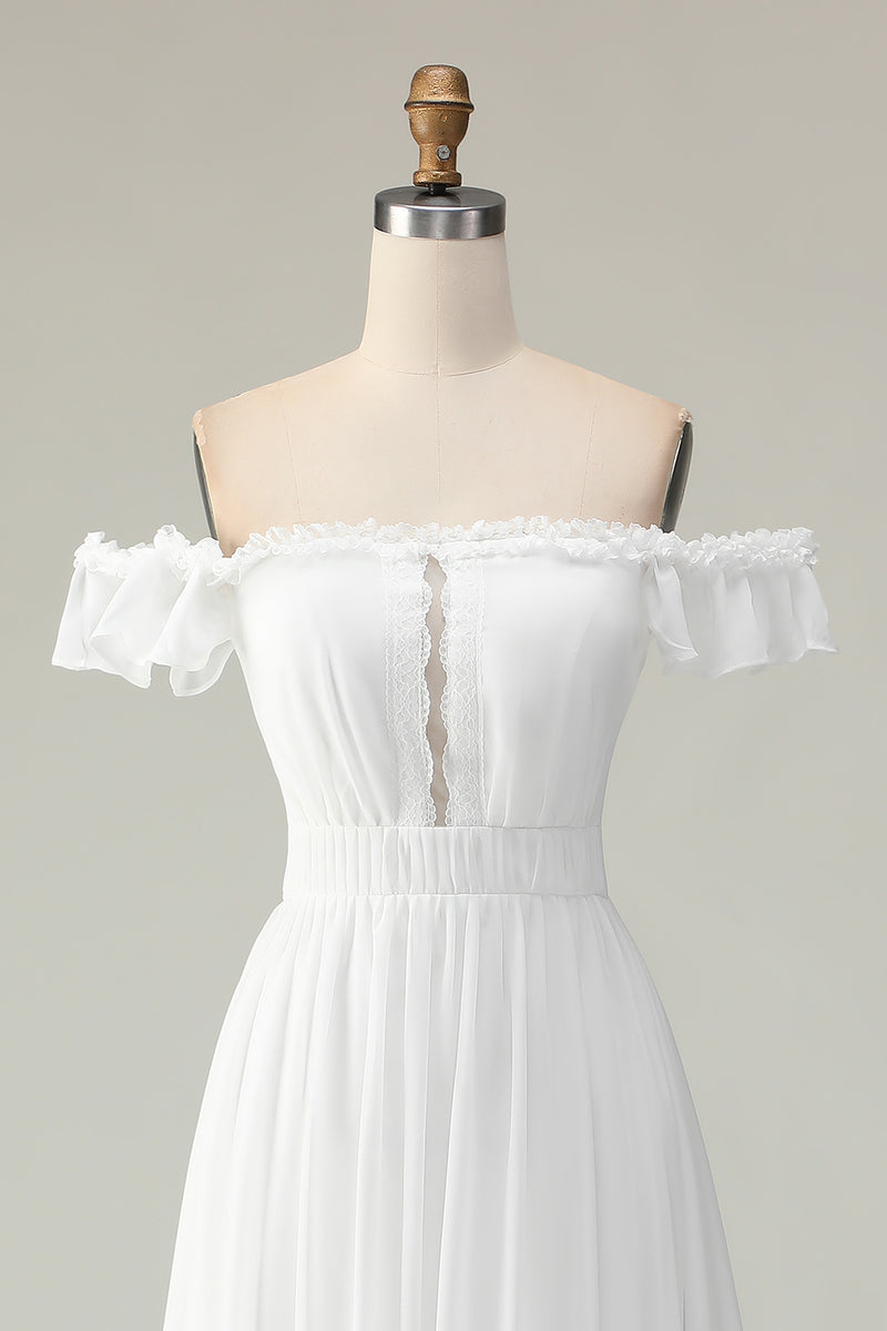 Load image into Gallery viewer, White Chiffon Off the Shoulder Asymmetrical Engagement Dress with Ruffles