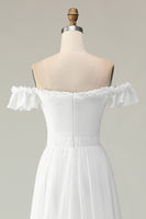 Load image into Gallery viewer, White Chiffon Off the Shoulder Asymmetrical Engagement Dress with Ruffles