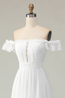 Load image into Gallery viewer, White Chiffon Off the Shoulder Asymmetrical Engagement Dress with Ruffles