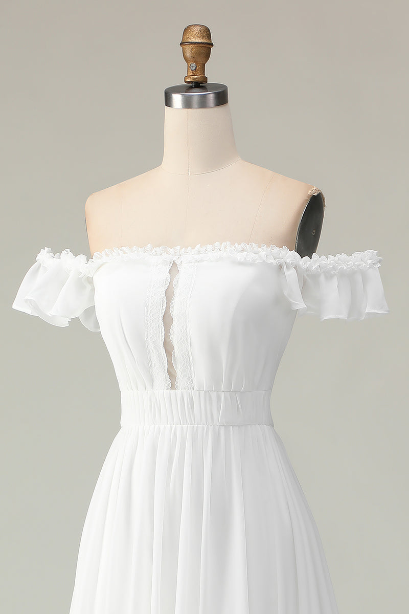 Load image into Gallery viewer, White Chiffon Off the Shoulder Asymmetrical Engagement Dress with Ruffles