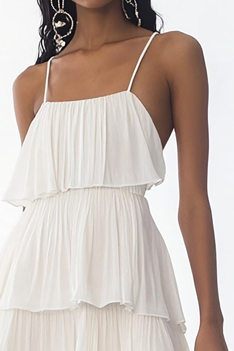 Load image into Gallery viewer, White Spaghetti Straps A Line Tiered Long Rehearsal Dinner Dress