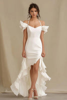 Load image into Gallery viewer, Ivory Sheath High-Low Rehearsal Dinner Dress with Ruffles
