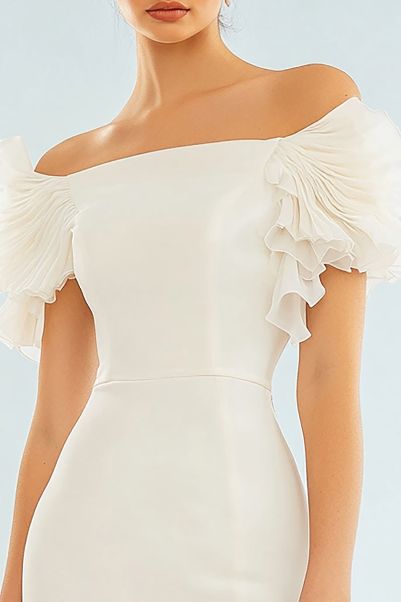 Load image into Gallery viewer, Ivory Bodycon Off the Shoulder Ruffled Satin Short Graduation Dress