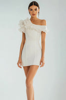 Load image into Gallery viewer, Ivory Bodycon One Shoulder Ruffled Satin Short Graduation Dress