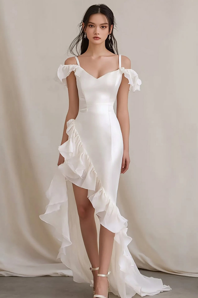Load image into Gallery viewer, White Sheath Cold Shoulder Long Rehearsal Dinner Dress with Ruffles