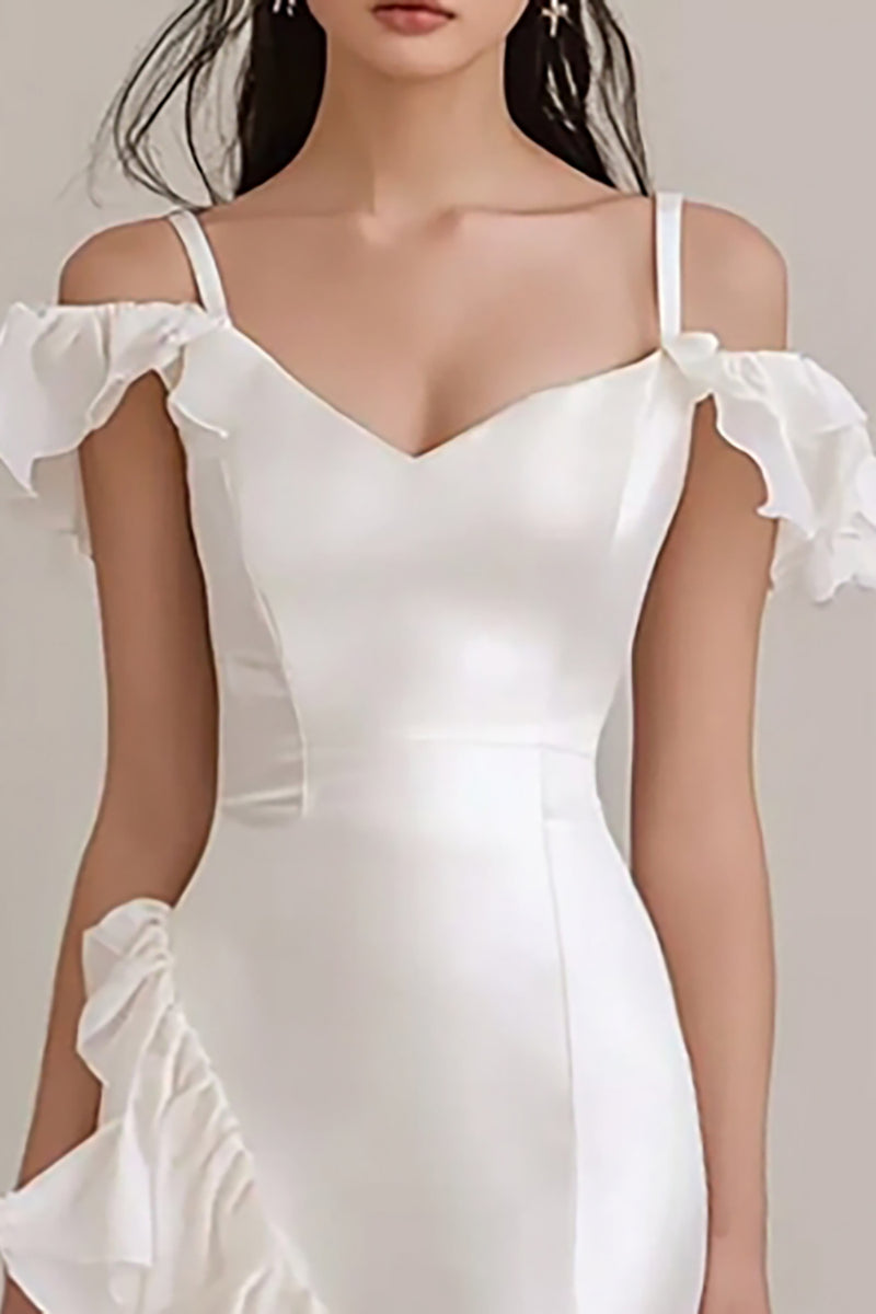 Load image into Gallery viewer, White Sheath Cold Shoulder Long Rehearsal Dinner Dress with Ruffles