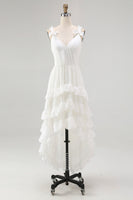 Load image into Gallery viewer, Boho Ivory A Line Ruffled V-Neck High-Low Rehearsal Dinner Dress