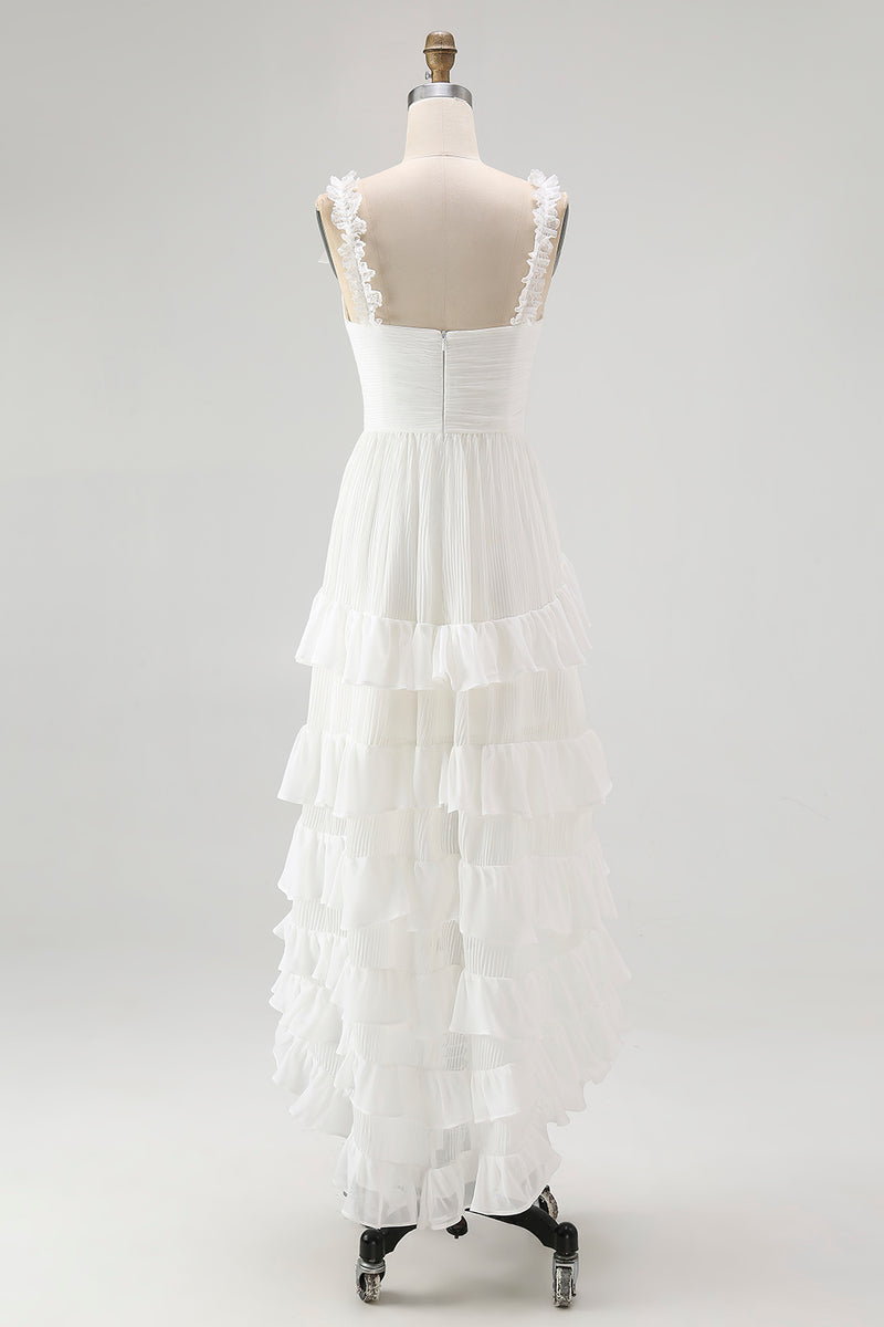 Load image into Gallery viewer, Boho Ivory A Line Ruffled V-Neck High-Low Rehearsal Dinner Dress