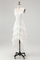 Load image into Gallery viewer, Boho Ivory A Line Ruffled V-Neck High-Low Rehearsal Dinner Dress